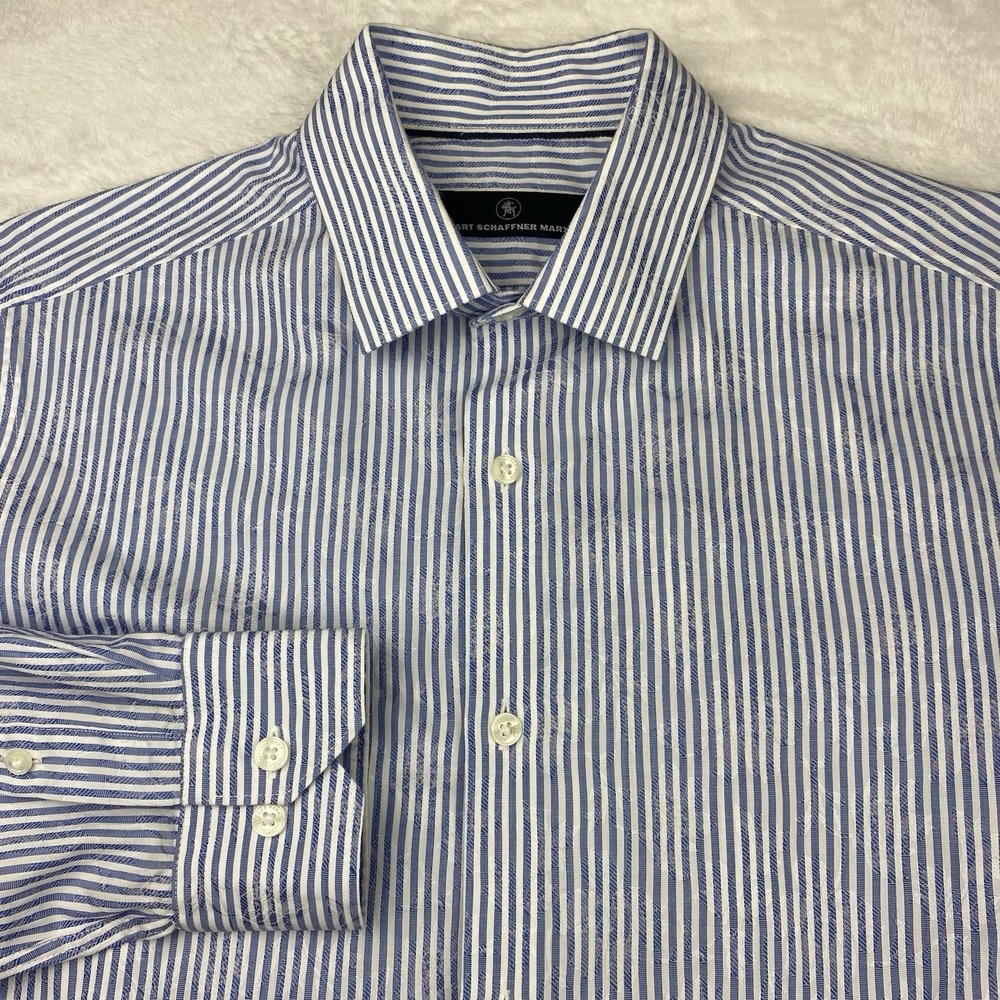 Hart Schaffner Marx‎  Mens Dress Shirt Medium Blue/White Stripe Floral Regular
